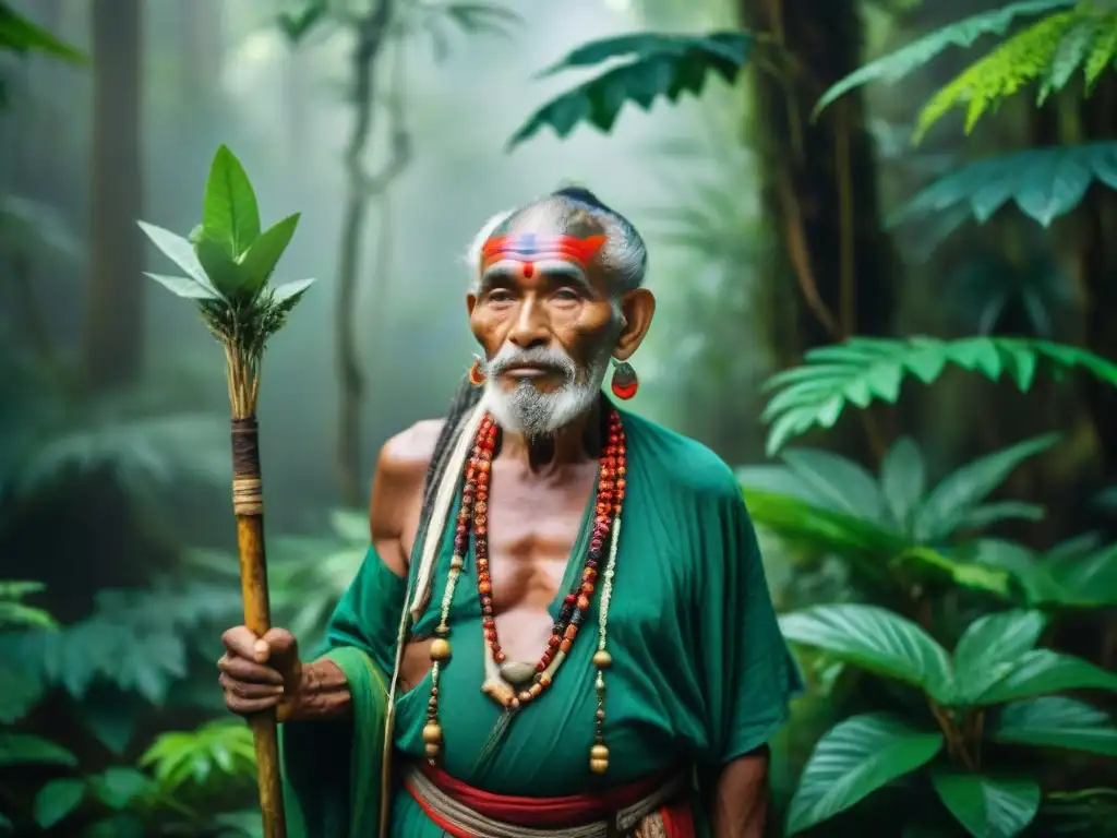 Chamán sabio en la selva con hierbas sagradas y bastón, reflejando la conexión espiritual con la naturaleza