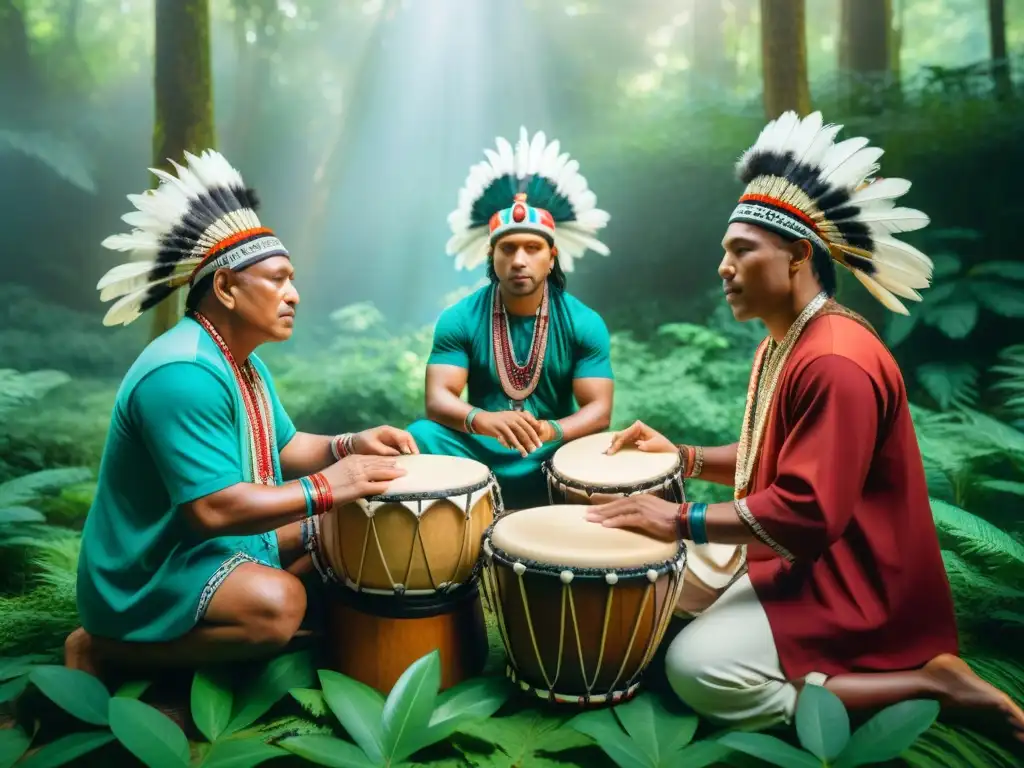 Conexión sagrada entre culturas indígenas de las Américas tocando tambores en la selva