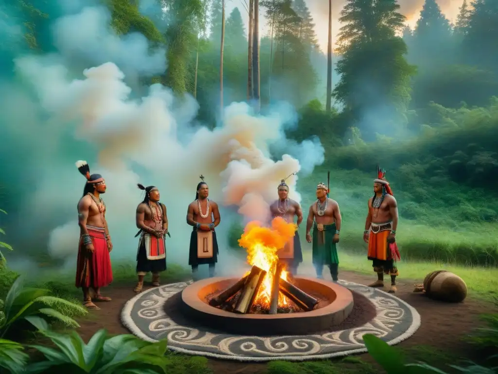 Celebración sagrada de culturas indígenas alrededor del fuego en la selva