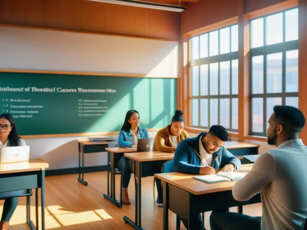 Salón de clases urbano con educación bilingüe en áreas urbanas, estudiantes diversos, mapas y gráficos coloridos en las paredes, y un maestro liderando la discusión en dos idiomas, bañados por la luz del sol