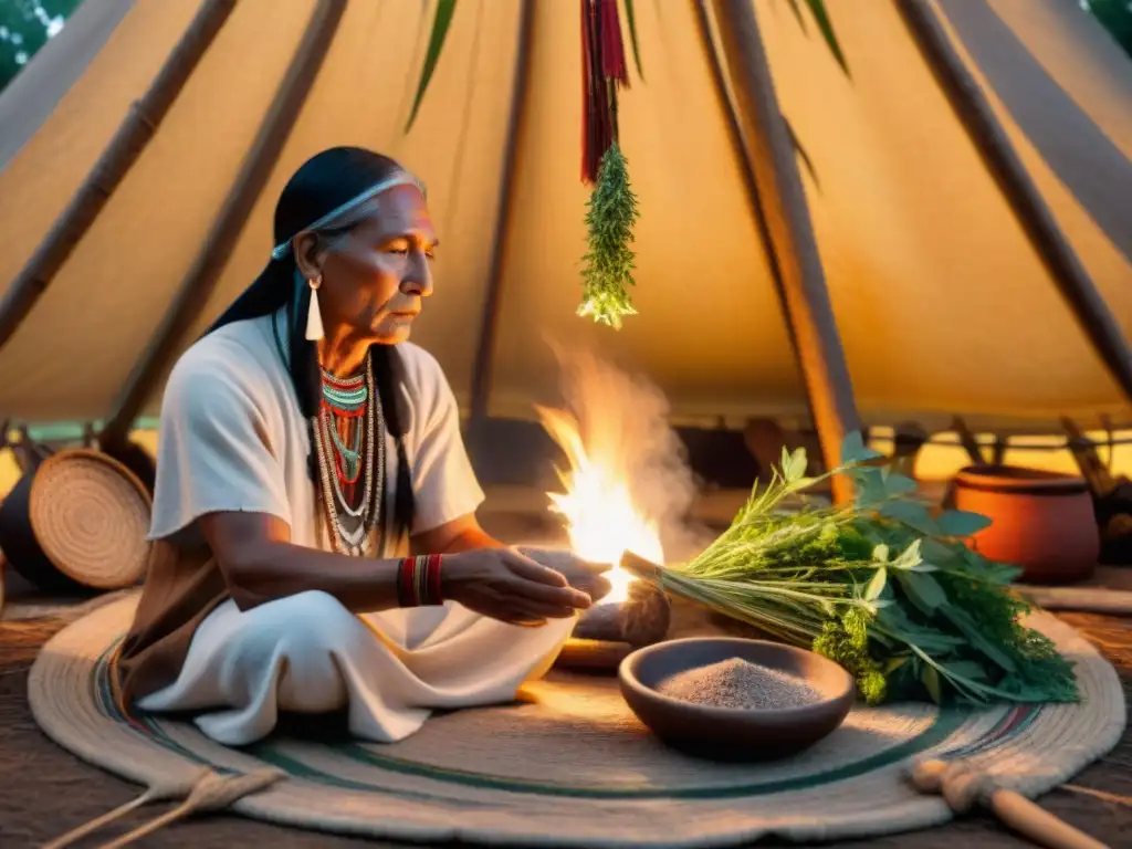 Sanación ancestral: curandero indígena en ritual con hierbas en tipi humeante