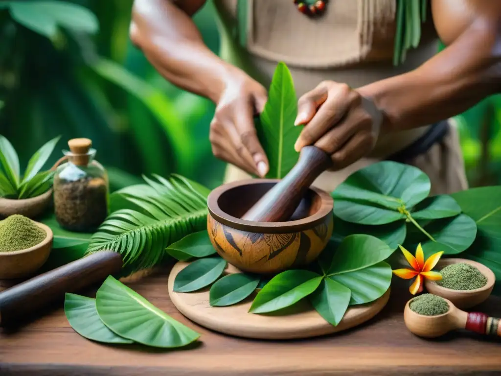 Sanación ancestral en la selva amazónica: curandero indígena preparando farmacopea con plantas en mortero de madera