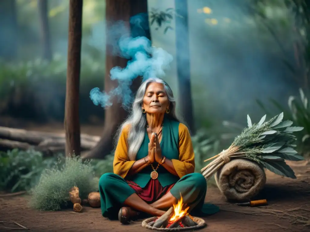 Sanación ancestral tradiciones indígenas: Anciana indígena en conexión espiritual con la naturaleza, rodeada de hierbas medicinales y copal