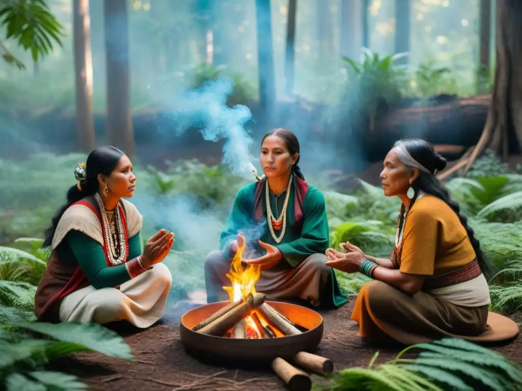 Sanación en entornos indígenas: Ancianos realizan ritual alrededor del fuego en la selva, con humo de hierbas y luz filtrándose entre los árboles