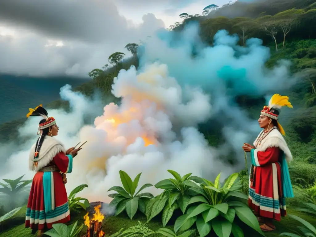 Sanación espiritual en retiros indígenas: Curanderos realizan ritual de limpieza en la selva, entre humo de copal y colores vibrantes