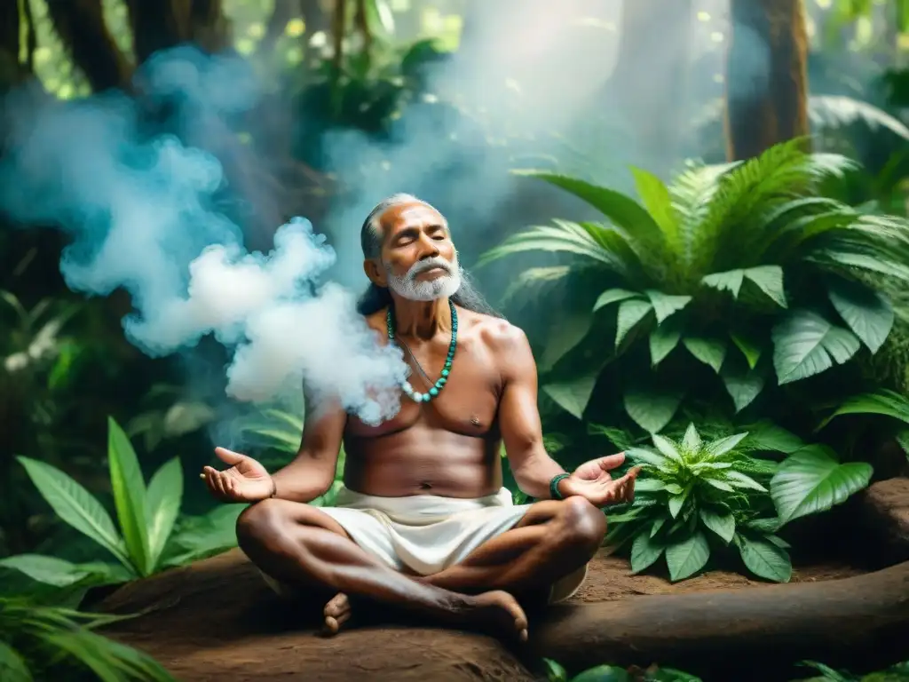 Sanación espiritual en la selva amazónica: anciano curandero indígena sopla humo sobre paciente