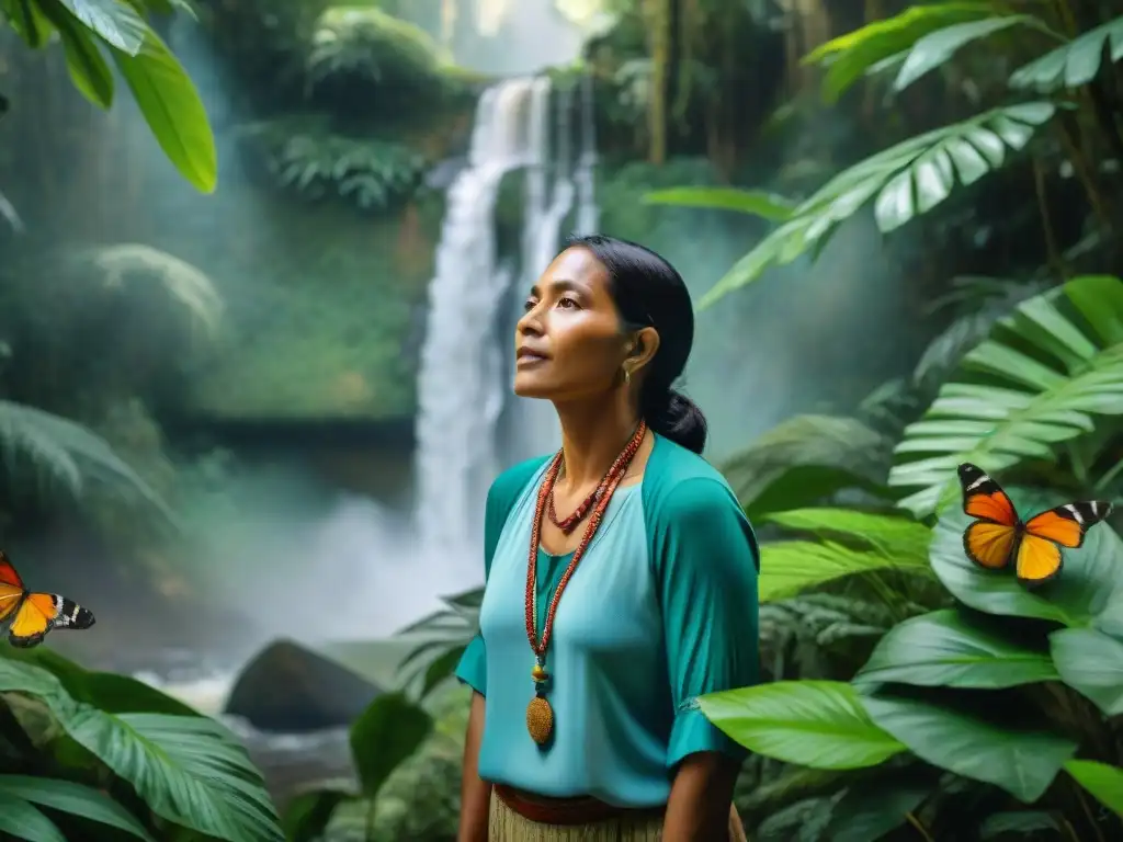 Sanación indígena en la selva: un curandero seleccionando plantas medicinales en un entorno exuberante y vibrante