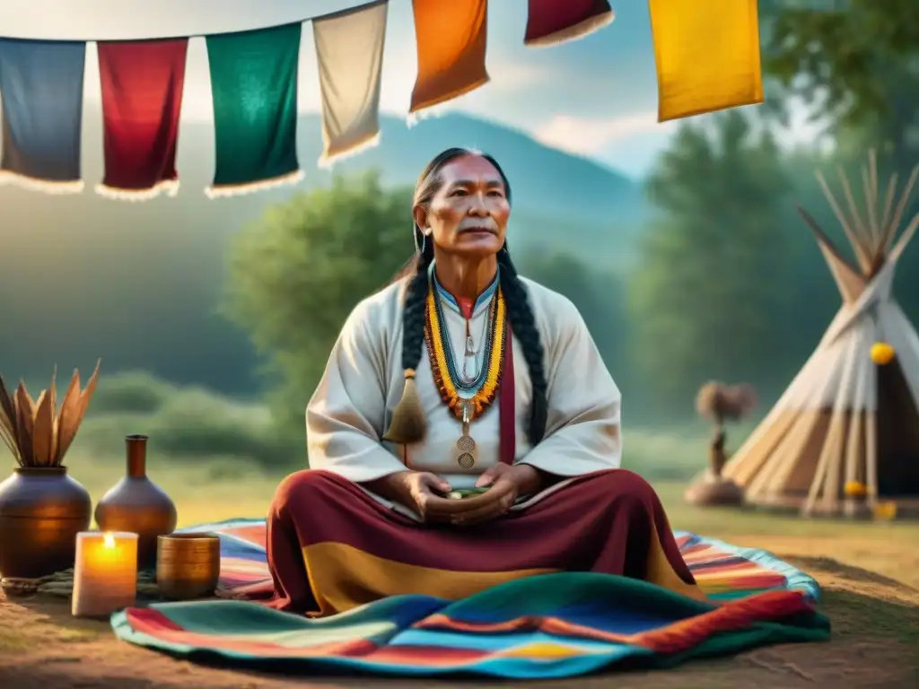 Ceremonia de Curación Lakota en Círculo Sagrado Un sanador espiritual lakota realiza una ceremonia de curación tradicional en un círculo sagrado, rodeado de coloridas banderas de oración
