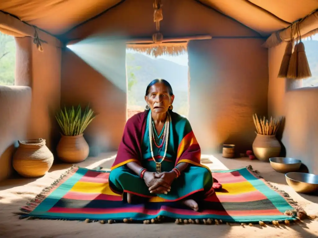 Un sanador Tarahumara en su hogar tradicional, rodeado de hierbas y herramientas curativas, con luz solar filtrándose por la ventana