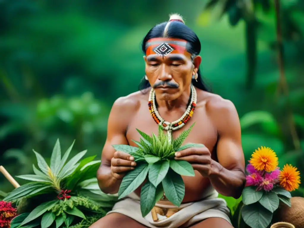 Un sanador indígena de la Amazonía prepara una medicina con hierbas medicinales en un entorno vibrante