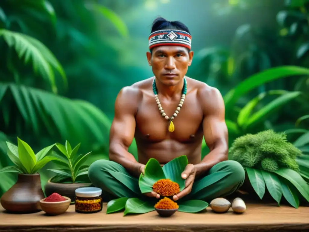 Un sanador indígena de la Amazonia prepara suplementos naturales, fusionando medicina occidental con tradiciones ancestrales en la exuberante selva