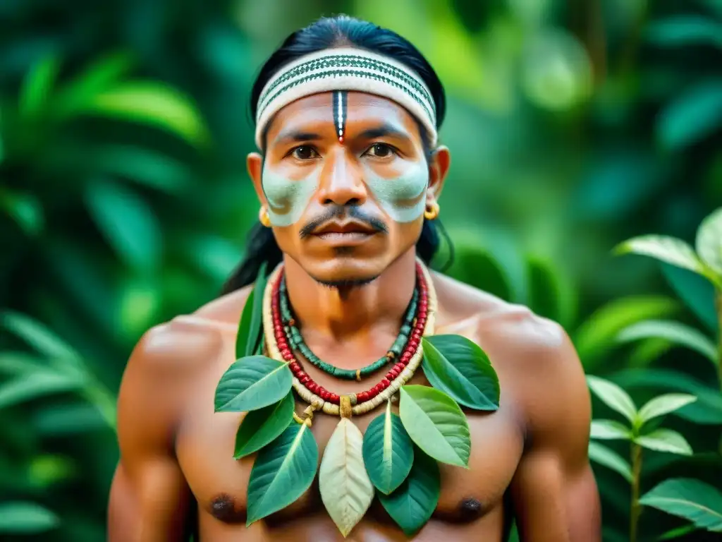 Sanador indígena amazónico preparando medicina herbal indígena protegida en la selva exuberante