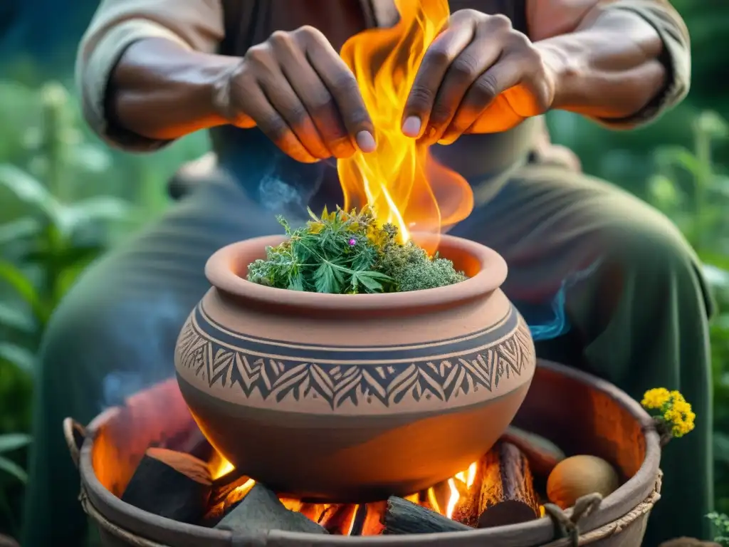 Un sanador indígena americano prepara medicina natural en una olla de barro sobre fuego abierto