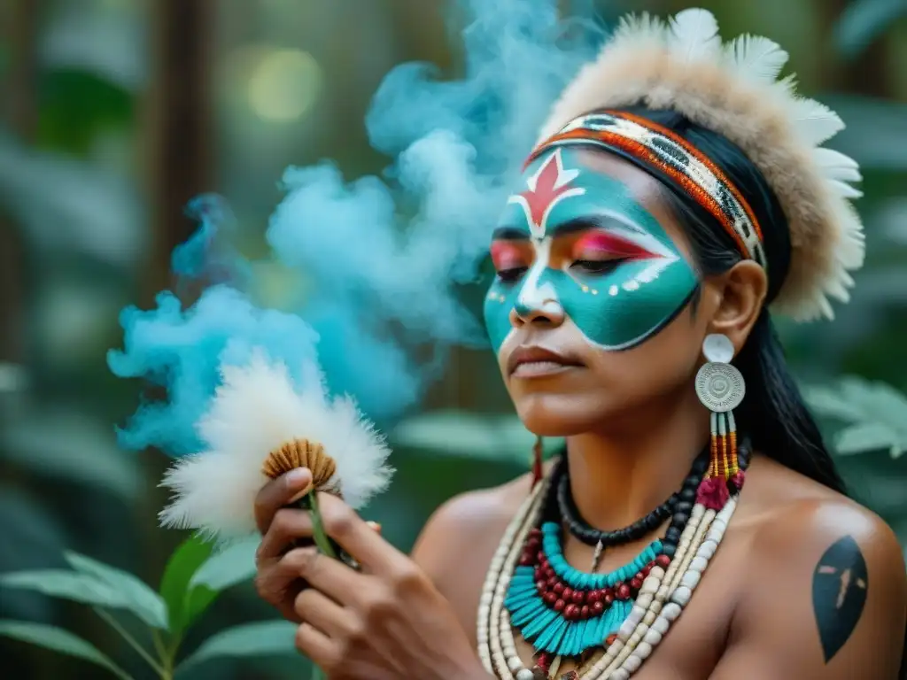 Un sanador indígena en un bosque exuberante, practicando medicina tradicional con plantas y símbolos, conectado espiritualmente