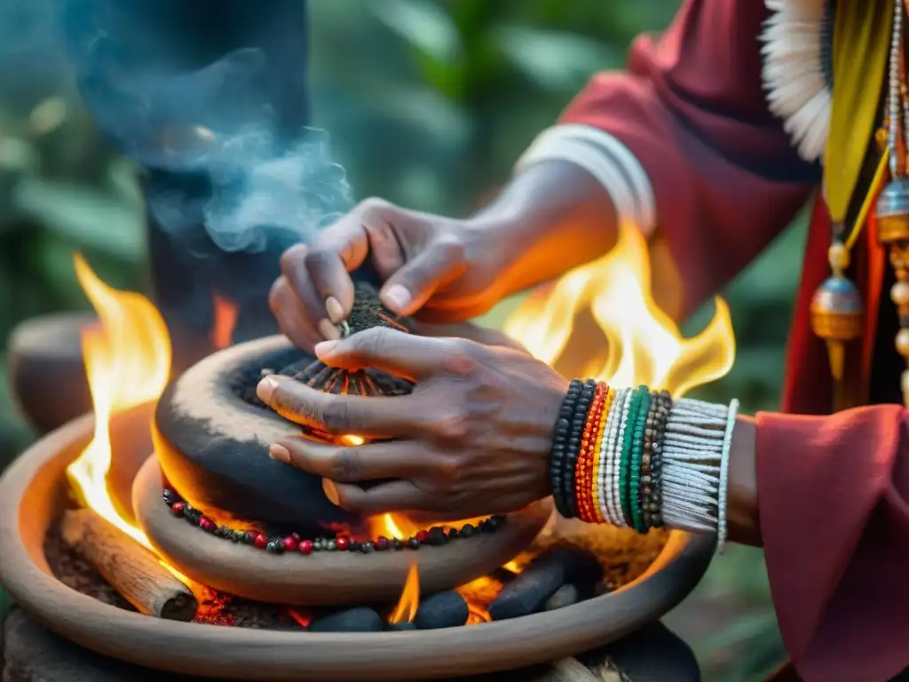 Un sanador indígena cuida con devoción un fuego sagrado en ceremonia