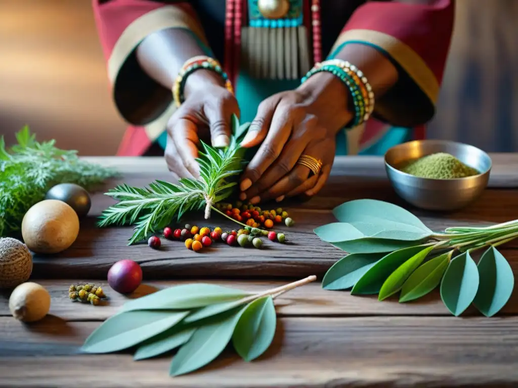 Un sanador indígena prepara hierbas coloridas en una mesa de madera, conectando con la naturaleza