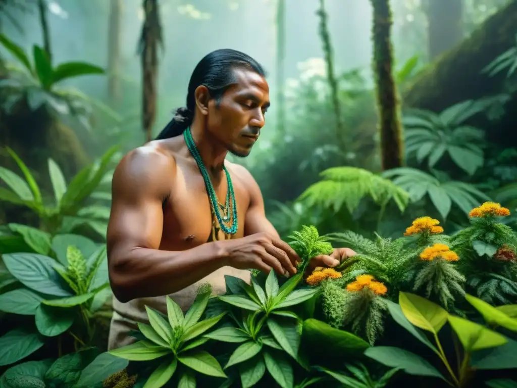 Un sanador indígena selecciona hierbas en la exuberante selva, irradiando sabiduría ancestral y belleza natural