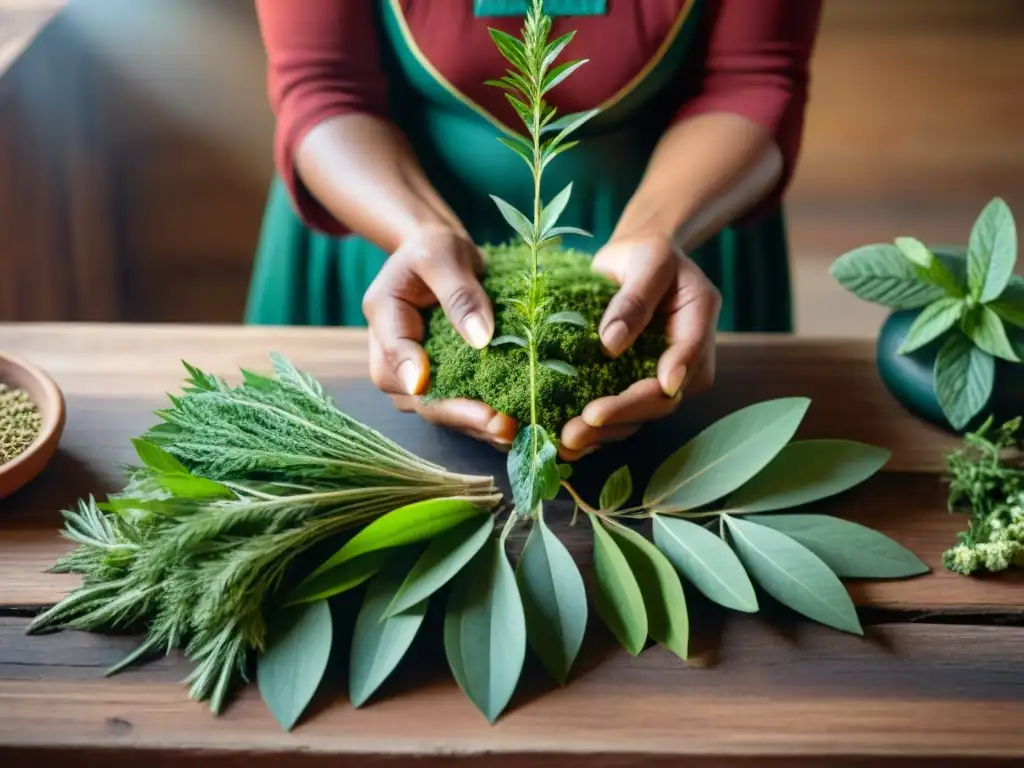 Un sanador indígena selecciona hierbas para medicina herbal indígena protegida