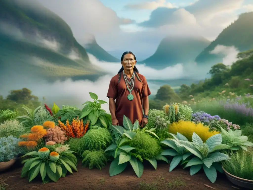 Un sanador indígena examina hierbas medicinales en su hábitat natural, conectando con la tierra y ancestrales prácticas curativas