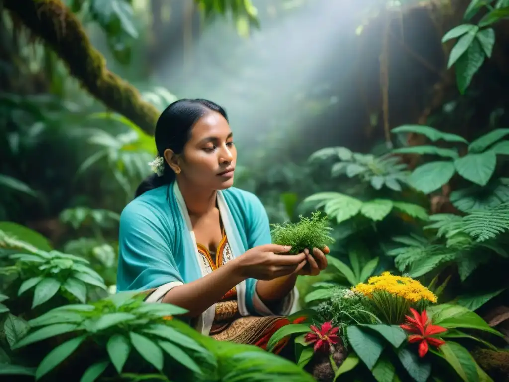 Un sanador indígena selecciona hierbas en la selva, conectando con la naturaleza