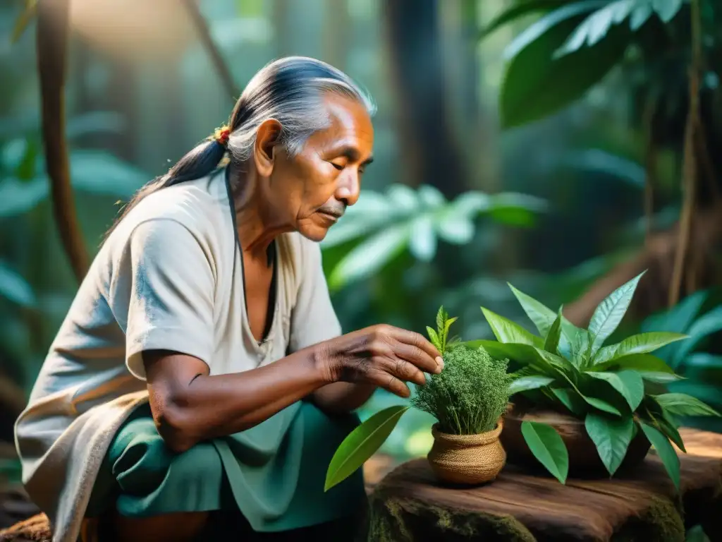 Un sanador indígena selecciona hierbas en la selva para suplementos naturales en rituales indígenas