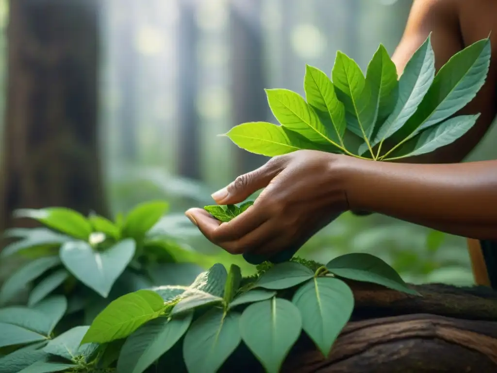 Un sanador indígena selecciona hojas verdes en el bosque: medicina natural de indígenas americanos