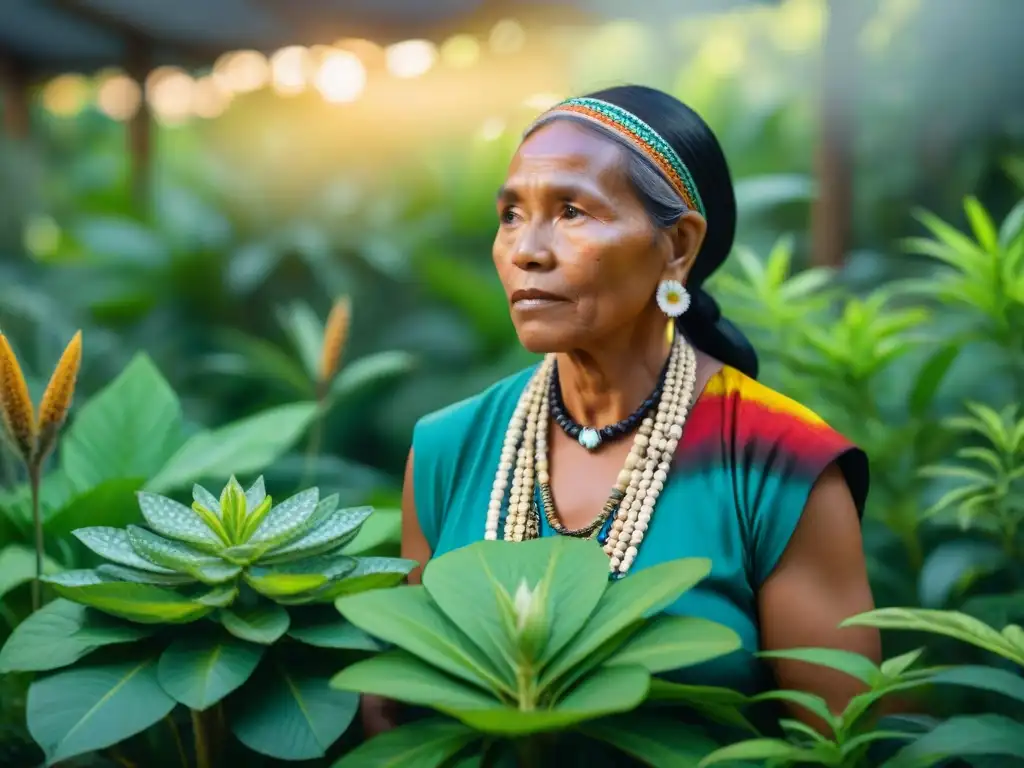 Un sanador indígena en un jardín lleno de plantas medicinales, cuidando con amor