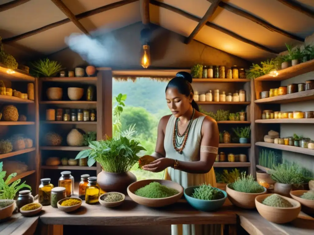 Un sanador indígena preparando medicina herbal en una choza rústica, irradiando sabiduría ancestral