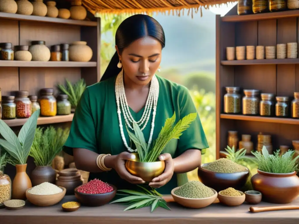 Un sanador indígena preparando medicina natural entre coloridas hierbas y plantas, en un escenario auténtico