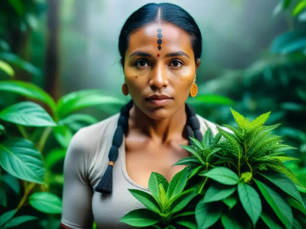 Sanador indígena preparando medicina herbal en la selva exuberante