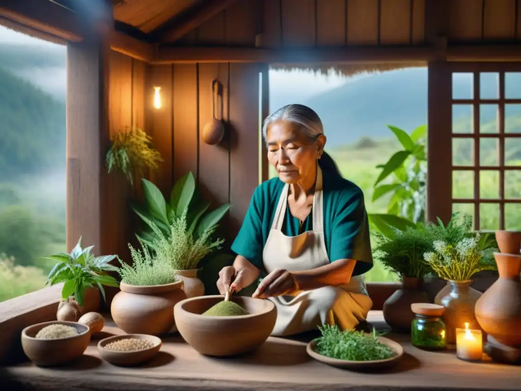 Sanador indígena preparando medicina tradicional en cabaña rústica iluminada, destacando conexión con la naturaleza y estudios científicos