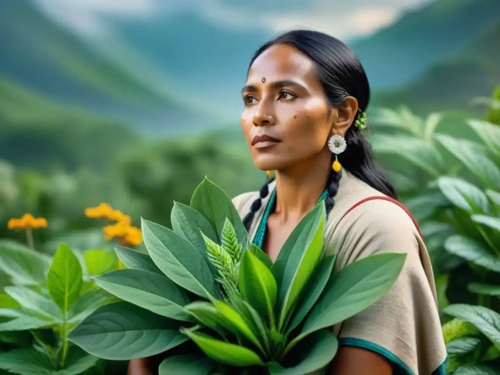 Un sanador indígena en un jardín medicinal verde, seleccionando hierbas detalladamente