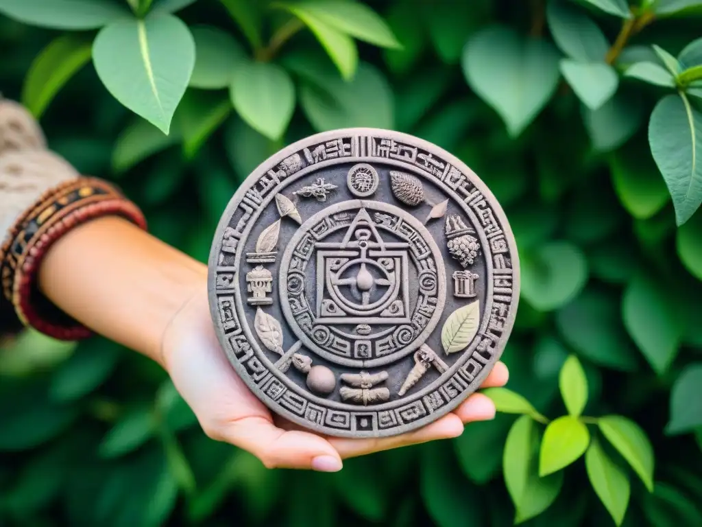 Un sanador indígena toca una piedra maya tallada con símbolos astrológicos, rodeada de hierbas medicinales, bajo un cielo estrellado