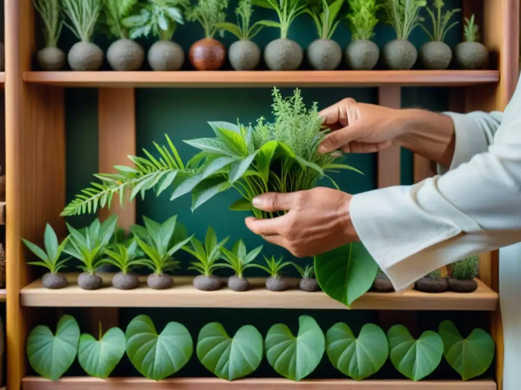 Un sanador indígena selecciona plantas para la botánica indígena en farmacología, mostrando sabiduría y conexión con la naturaleza