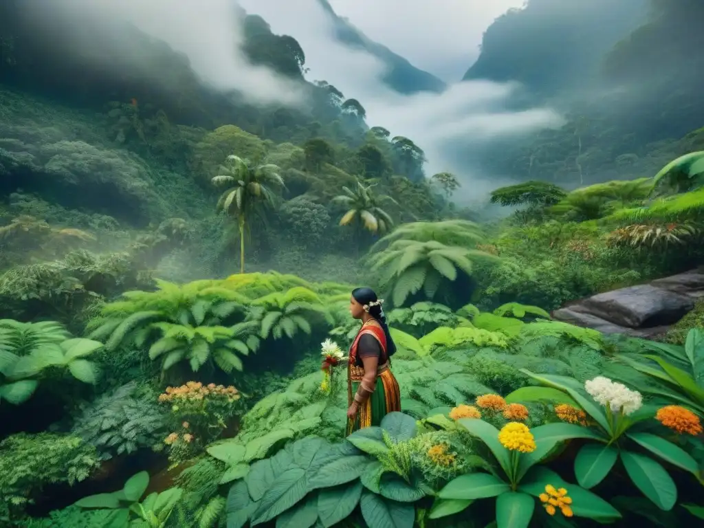 Un sanador indígena recolectando plantas medicinales en la selva, destacando la conexión ancestral con la música y medicina herbal indígena