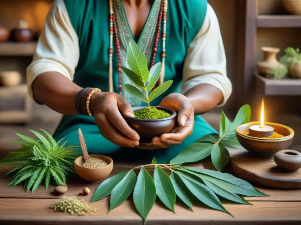 Un sanador indígena selecciona plantas medicinales en apotecario antiguo