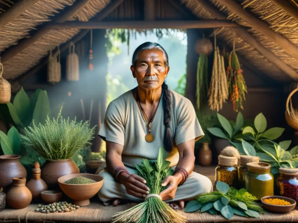 Un sanador indígena seleccionando plantas medicinales en su cabaña iluminada por la luz tenue, reflejando la conexión con la naturaleza