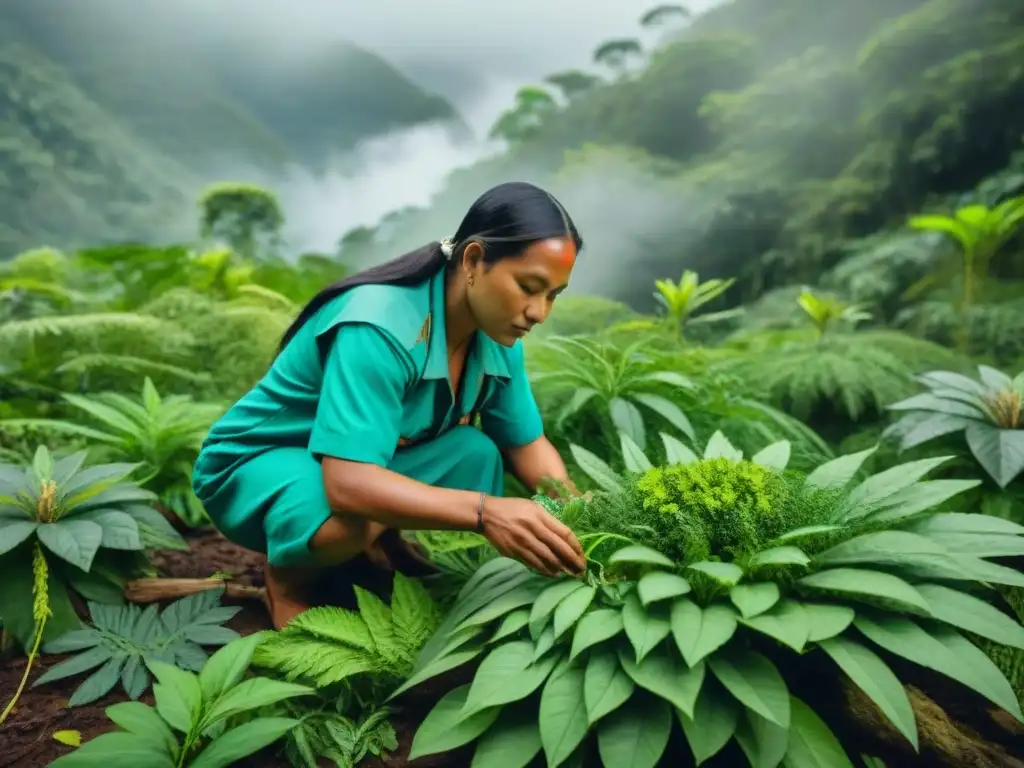 Un sanador indígena cuidadosamente cosechando plantas medicinales en la selva, en un entorno biodiverso