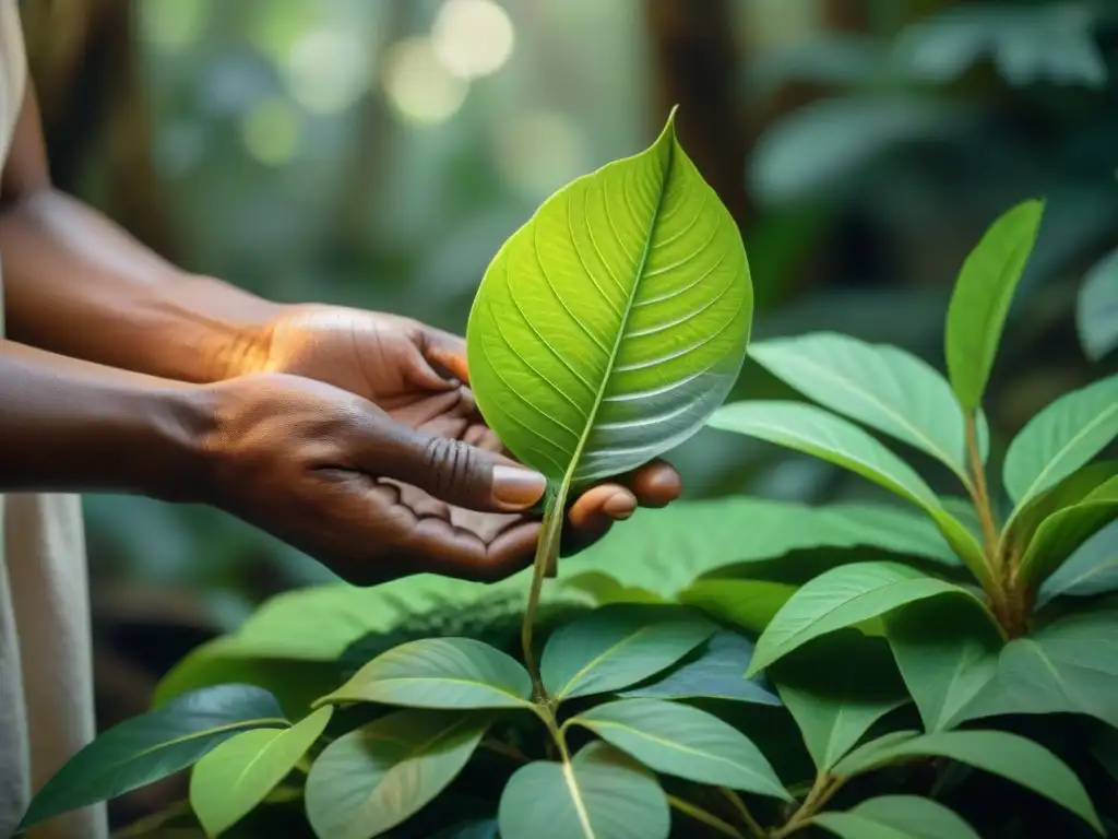 Un sanador indígena seleccionando plantas medicinales en la selva