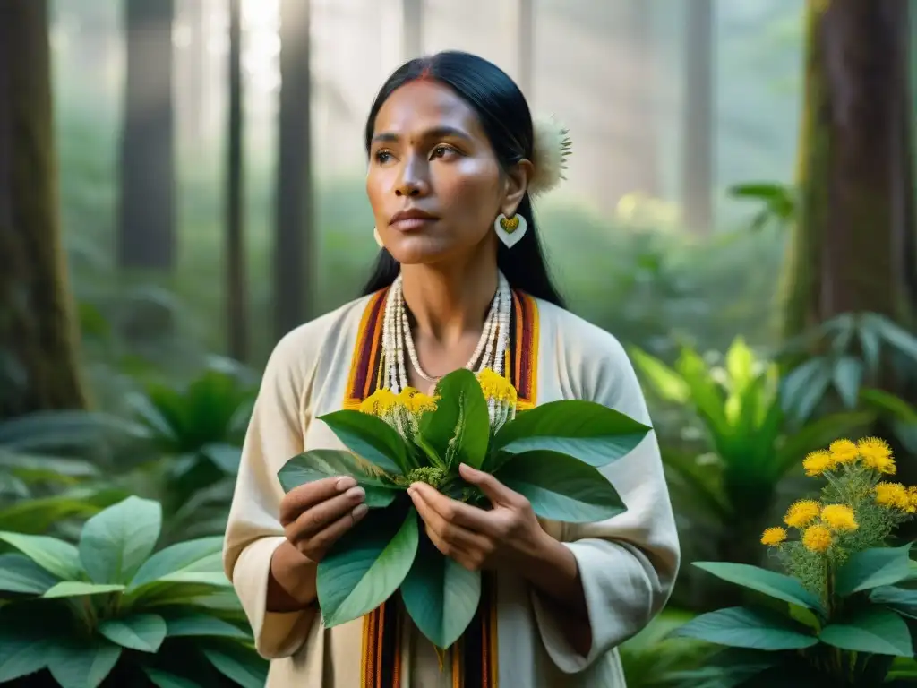 Un sanador indígena selecciona plantas medicinales en un bosque biodiverso