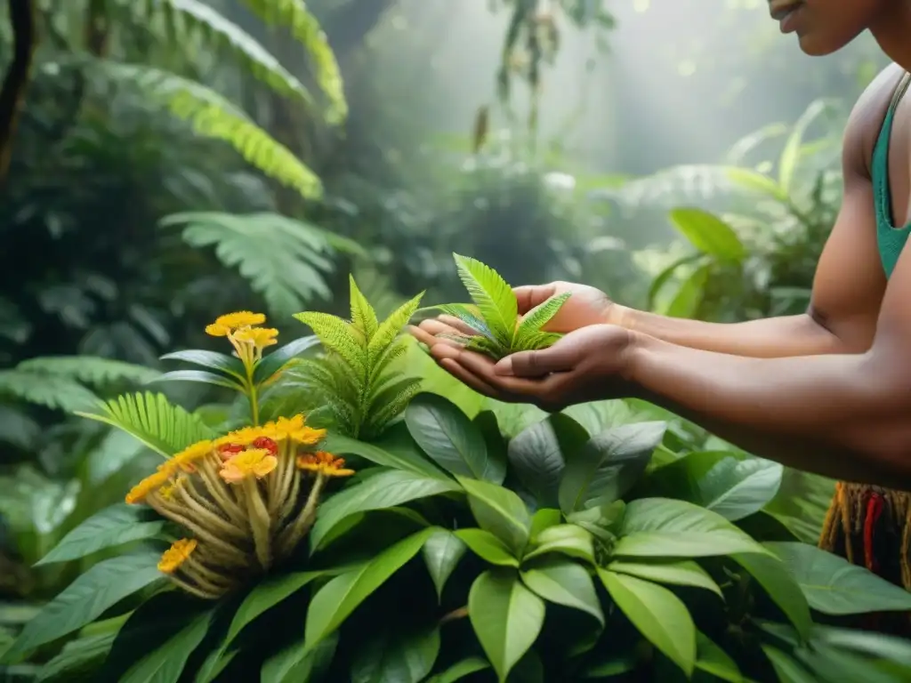 Un sanador indígena examina plantas en la selva, transmitiendo respeto por la naturaleza y la conservación del conocimiento botánico indígena