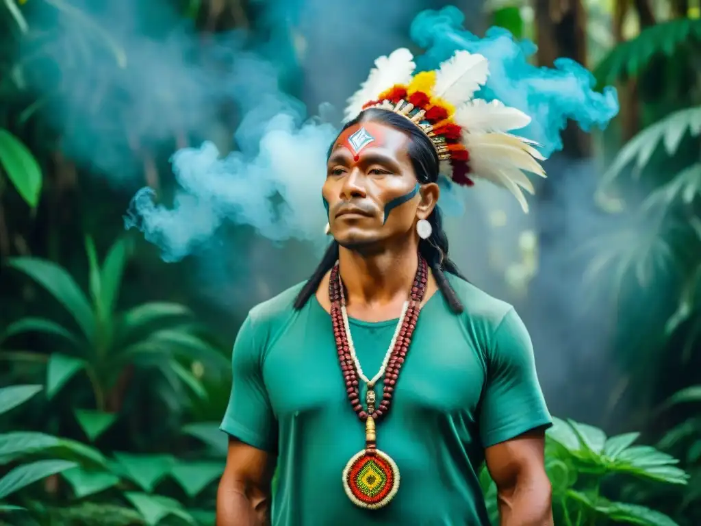 Un sanador indígena en plena selva, rodeado de plantas medicinales, realiza un ritual