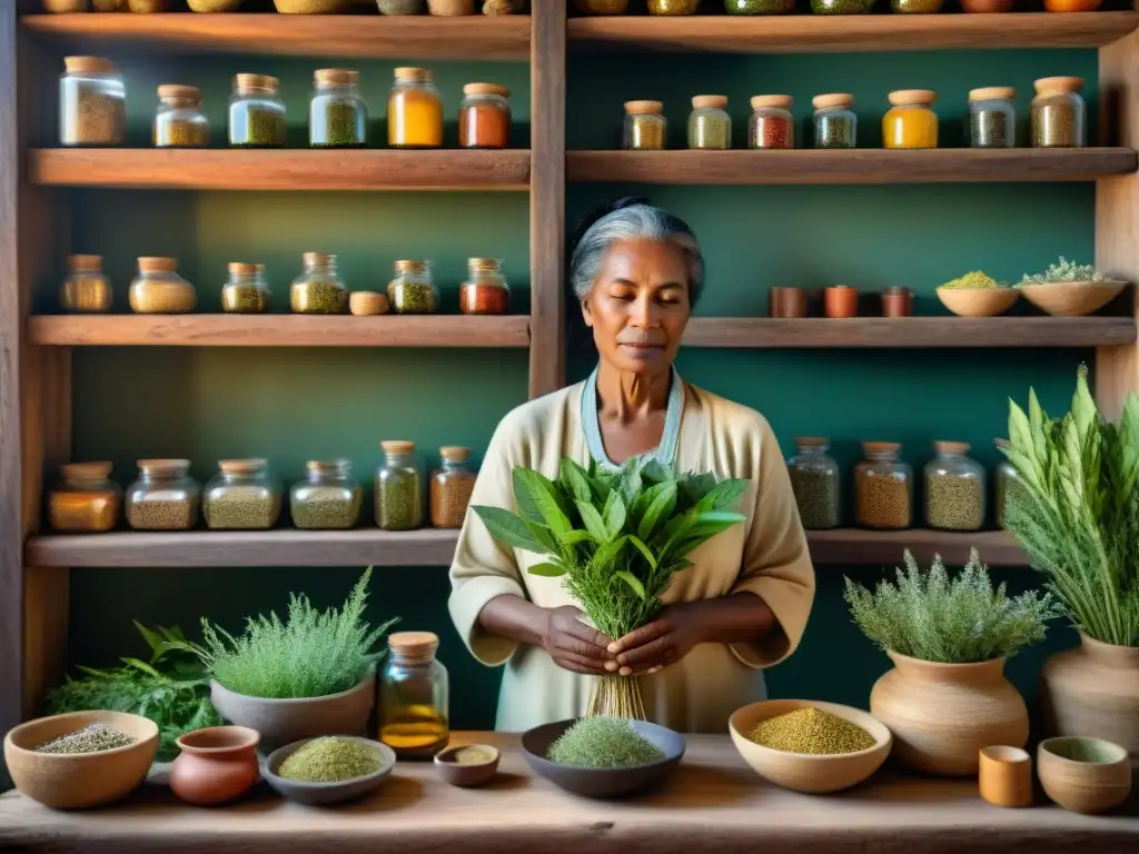 Un sanador indígena prepara una pócima herbal en su choza rústica, mostrando la unión de medicina moderna y tradicional