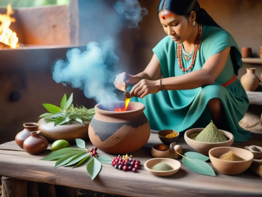 Un sanador indígena preparando una poción medicinal con hierbas en una olla de barro sobre fuego, transmitiendo sabiduría ancestral