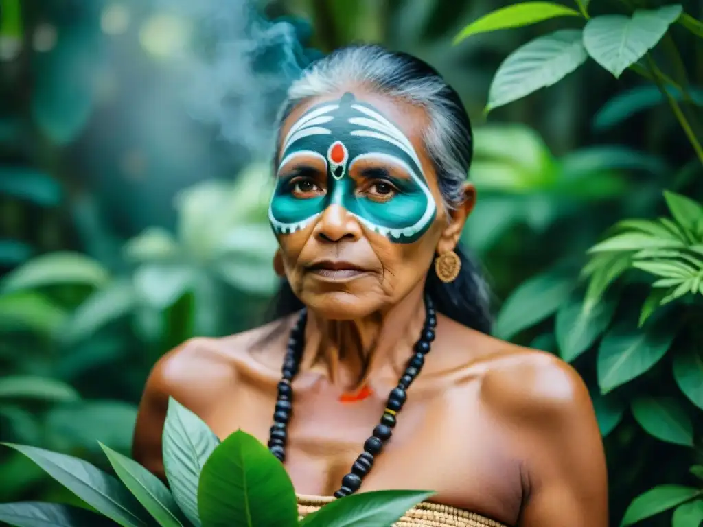 Sanador indígena preparando remedios naturales en la selva exuberante