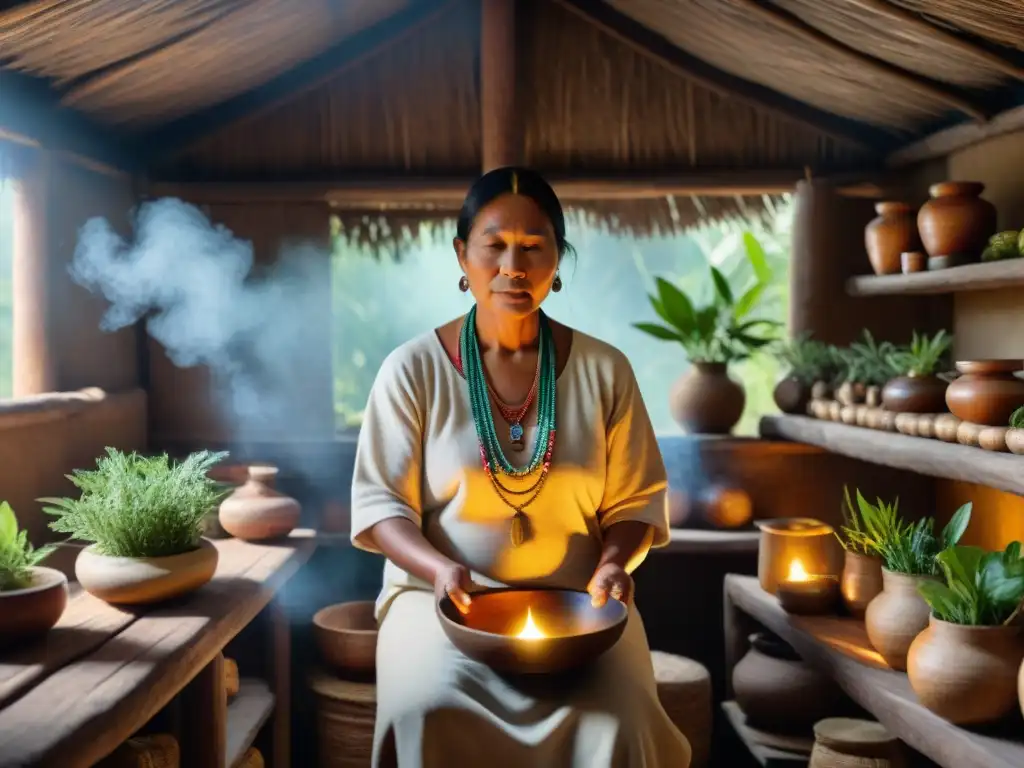 Sanador indígena preparando remedios naturales en su cabaña iluminada por la luz solar, simbolizando la salud indígena en pandemia