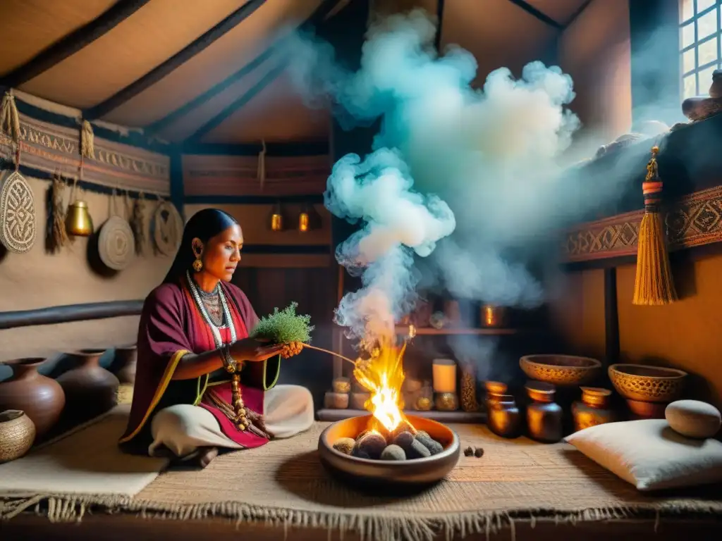 Un sanador indígena realiza un ritual de limpieza con hierbas aromáticas y humo en una choza decorada con amuletos y símbolos sagrados