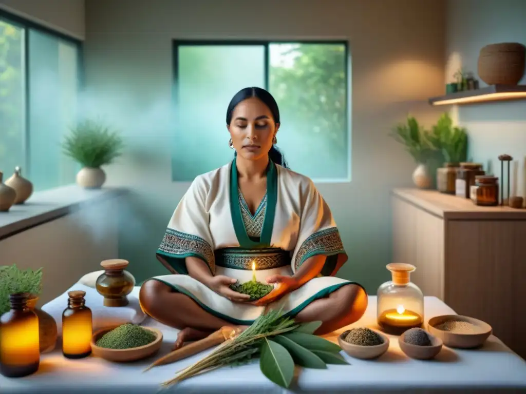 Un sanador indígena realiza un ritual de medicina herbal en un hospital, fusionando tradiciones ancestrales con la práctica médica moderna