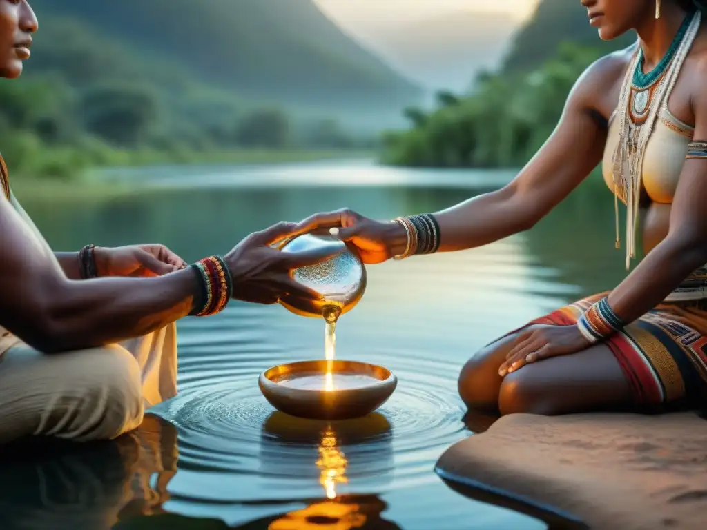 Un sanador indígena realiza un ritual de sanación con agua junto a un río cristalino al atardecer, rodeado de exuberante vegetación