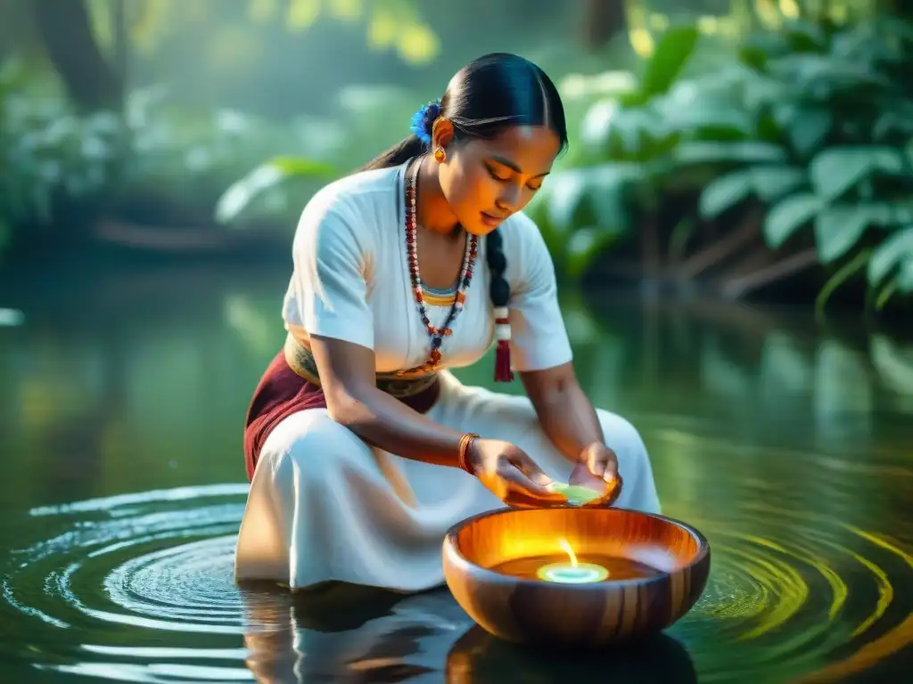 Un sanador indígena realiza rituales de sanación con agua junto al río, rodeado de naturaleza exuberante y coloridas flores